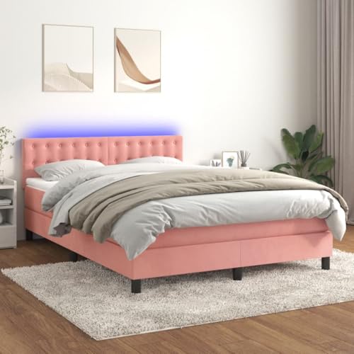 Teenpull Boxspringbett 140x200 cm Rosa Samt, gepolstertes Bett mit LED-Beleuchtung, höhenverstellbares Kopfteil, inklusive Matratze, Stabiler Rahmen, Moderne Möbel für erholsamen Schlaf. von Teenpull