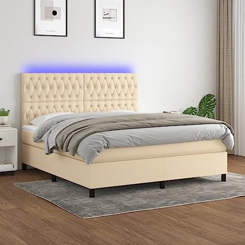 Teenpull Boxspringbett 160x200 cm, Polsterbett Stoff Creme, Taschenfederkernmatratze, Matratzenauflage & Kopfteil, Bettgestell mit LED Beleuchtung, Komplett Set für Schlafzimmer von Teenpull