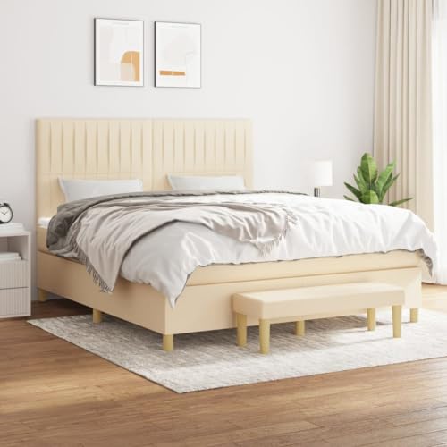 Teenpull Boxspringbett 180x200 cm mit Taschenfederkernmatratze, Cremefarbenes Stoff-Polsterbett, Höhenverstellbares Kopfteil, Inklusive Matratzenauflage und Bank von Teenpull