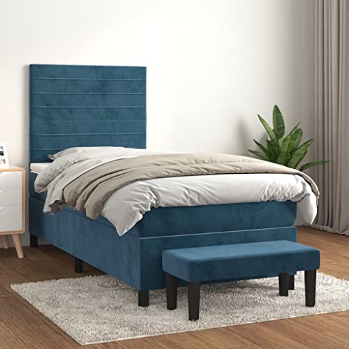 Teenpull Boxspringbett 90x200 cm Dunkelblau, Samt Bezug, Höhenverstellbares Kopfteil, Taschenfederkernmatratze, Mittelharte Unterstützung, Komplettes Bettset mit Bank von Teenpull