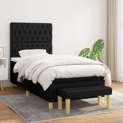 Teenpull Boxspringbett 90x200 cm Schwarz, Einzelbett mit Taschenfederkernmatratze, Höhenverstellbarem Kopfteil und Bank, Komfortables Polyester Stoff Komplett Set für Schlafzimmer, Stabile Möbel von Teenpull