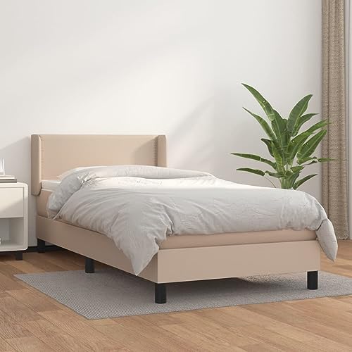 Teenpull Boxspringbett 90x200cm, Cappuccino-Braun, strapazierfähiges Kunstleder, höhenverstellbares Kopfteil, Federkernmatratze, mittelfeste Unterstützung von Teenpull
