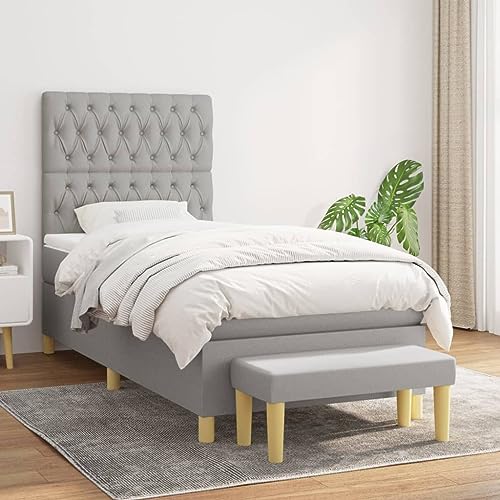 Teenpull Boxspringbett Hellgrau 100x200 cm mit Stoff-Polsterung, Matratze, höhenverstellbarem Kopfteil und stabilem Bettgestell, komplettes Möbelset inklusive Bank von Teenpull