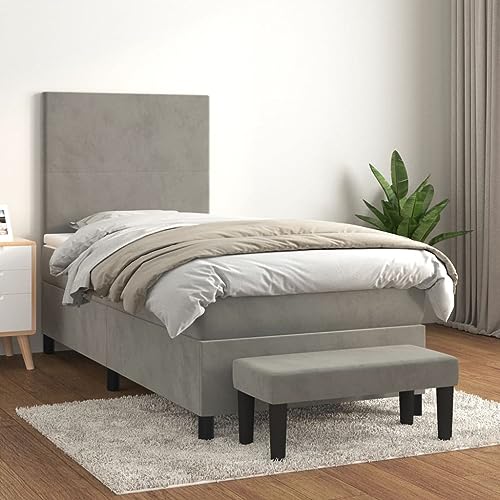 Teenpull Boxspringbett Hellgrau 90x200 cm aus weichem Samt mit Taschenfederkernmatratze, verstellbarem Kopfteil und Bank von Teenpull