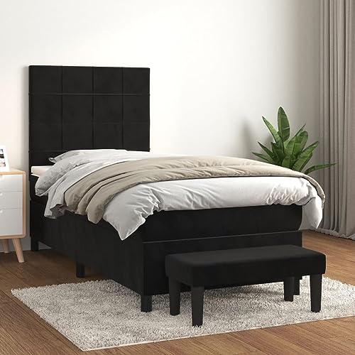 Teenpull Boxspringbett Schwarz 90x190 cm aus luxuriösem Samt, höhenverstellbares Kopfteil, Taschenfederkernmatratze für erholsamen Schlaf, inklusive Bank von Teenpull