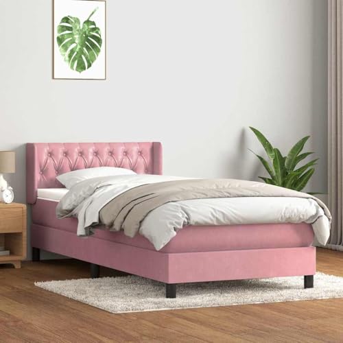 Teenpull Boxspringbett mit Matratze, 100x220 cm, Rosa Samt, Komfortables Polsterbett mit Taschenfederkernmatratze, Höhenverstellbares Kopfteil, für Schlafzimmer, Erholsamer Schlaf von Teenpull