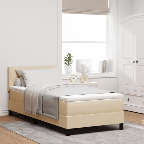 Teenpull Boxspringbett mit Matratze, 90x200 cm, cremefarbener Stoff, Robustes Einzelbett für Schlafzimmer, bequemer Matratzentopper von Teenpull