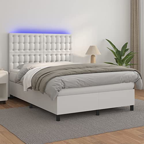Teenpull Boxspringbett mit Matratze, LED-Beleuchtung, Kopfteil höhenverstellbar, Weißes Kunstleder 140x190 cm, Modernes Schlafzimmer-Möbel-Set von Teenpull