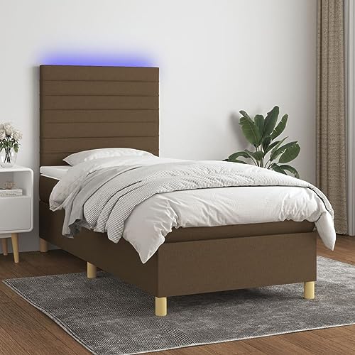Teenpull Boxspringbett mit Matratze, LED Beleuchtung & verstellbarem Kopfteil, Stoff Dunkelbraun 100x200 cm, gepolsterter Bettrahmen für Schlafzimmer Möbel Set mit hohem Schlafkomfort. von Teenpull