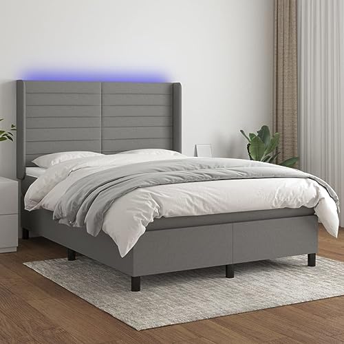 Teenpull Boxspringbett mit Matratze, Matratzenauflage & LED-Beleuchtung, Dunkelgrau Stoff 140x200 cm, Höhenverstellbares Kopfteil, Taschenfederkernmatratze für Schlafzimmer, Modernes Polsterbett Set von Teenpull