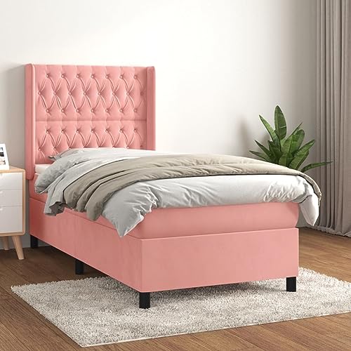 Teenpull Boxspringbett mit Matratze, Rosa Samt, 90x190 cm, höhenverstellbares Kopfteil, Federkernmatratze, für erholsamen Schlaf von Teenpull