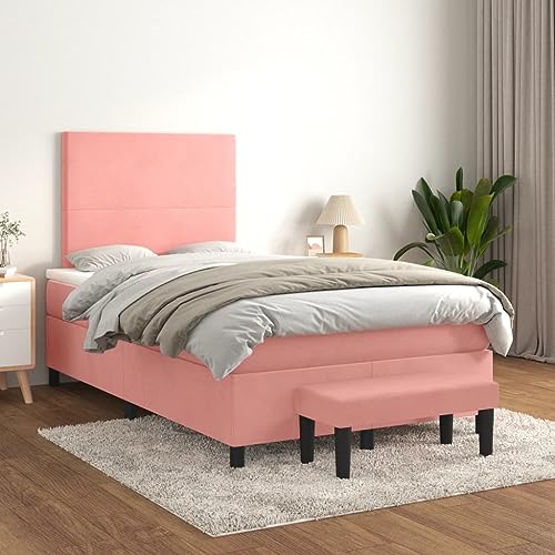 Teenpull Boxspringbett mit Matratze, Rosa Samt 120x200 cm, höhenverstellbares Kopfteil, Taschenfederkernmatratze für erholsamen Schlaf, inklusive Matratzenauflage und Bank von Teenpull