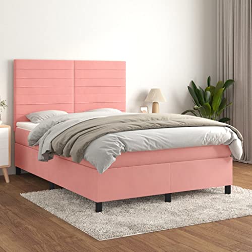 Teenpull Boxspringbett mit Matratze, Rosa Samt Polsterbett 140x190 cm, höhenverstellbares Kopfteil, Federkernmatratze für erholsamen Schlaf im Schlafzimmer von Teenpull