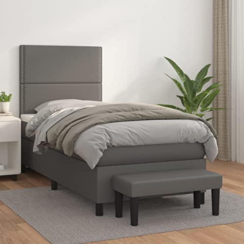 Teenpull Boxspringbett mit Matratze 100x200 cm, Grau Kunstleder gepolstert, inkl. höhenverstellbarem Kopfteil und Sitzbank, stabiles Bettrahmen Möbel Set für erholsamen Schlaf von Teenpull