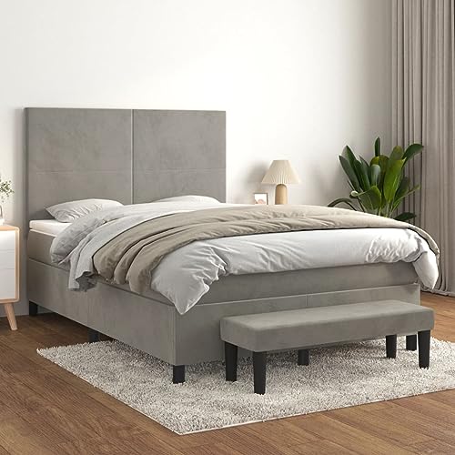 Teenpull Boxspringbett mit Matratze 140x200 cm, Hellgrau Samt gepolstert, inkl. höhenverstellbarem Kopfteil, Taschenfederkern, Bettrahmen für erholsamen Schlaf, Komplettset mit Bank von Teenpull