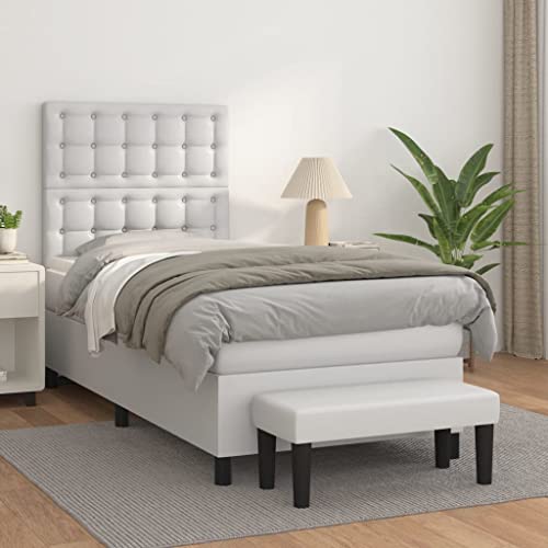 Teenpull Boxspringbett mit Matratze Weiß 90x190 cm aus strapazierfähigem Kunstleder, höhenverstellbarem Kopfteil und Taschenfederkern für erholsamen Schlaf, inklusive Bank von Teenpull