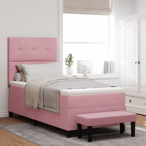Teenpull Boxspringbett mit Matratze & Bank, Pink 80x200 cm, Samt Stoff, Polsterbett, Einzelbett, Schlafzimmer Möbel, Modernes Design von Teenpull
