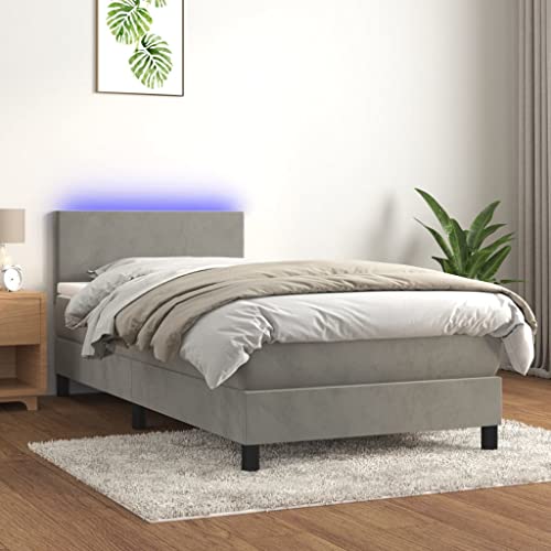 Teenpull Boxspringbett mit Matratze & LED, Hellgrau Samt, 80x200 cm, höhenverstellbares Kopfteil, Taschenfederkern, Schlafzimmer Möbel Set für erholsamen Schlaf. von Teenpull