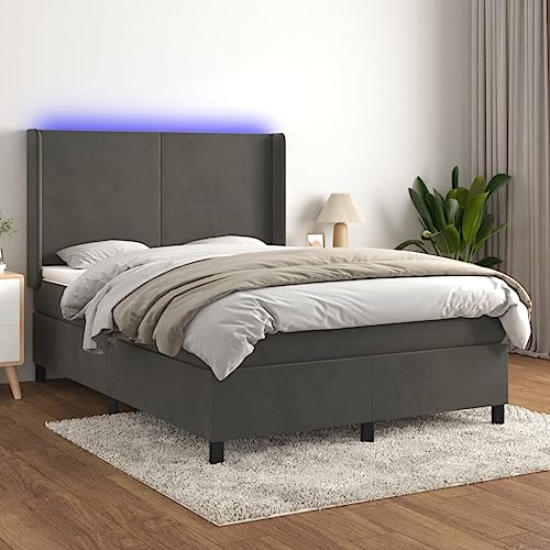 Teenpull Boxspringbett mit Matratze & LED-Beleuchtung, 140x200 cm, dunkelgrauer Samtstoff, höhenverstellbares Kopfteil, Federkernmatratze für Schlafzimmer von Teenpull