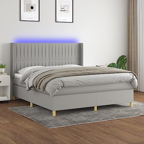 Teenpull Boxspringbett mit Matratze & LED-Beleuchtung, Hellgrau Stoff, 160x200 cm, Höhenverstellbares Kopfteil, Moderne Schlafzimmermöbel Set von Teenpull