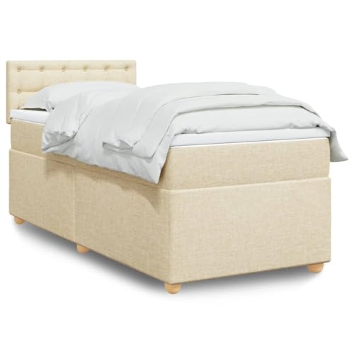 Teenpull Boxspringbett mit Taschenfederkern Matratze, Matratzenauflage, gepolstertem Kopfteil und Ambiente LED-Beleuchtung, Creme Stoff Bezug, 90x200 cm, Stabiler Bettrahmen für erholsamen Schlaf. von Teenpull