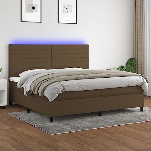 Teenpull Boxspringbett mit Taschenfederkernmatratze, Matratzenauflage & LED-Beleuchtung, Dunkelbraun Stoff, 200x200 cm, Höhenverstellbares Kopfteil, Modernes Schlafzimmer Möbel Set von Teenpull