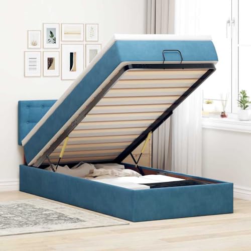 Teenpull Dunkelblaues Samt Polsterbett 100x200 cm, Ottoman Stauraumbett mit Taschenfederkern Matratze, LED-Licht, großem Bettkasten und stabilem Bettrahmen, inklusive Kopfteil von Teenpull