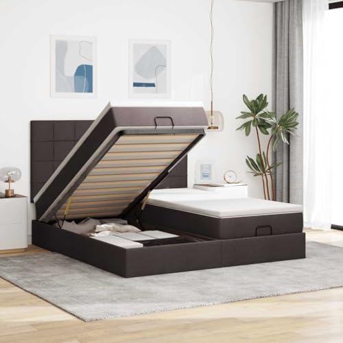 Teenpull Dunkelbraunes Ottoman-Bett 200x200 cm, gepolstertes Stoff-Bettgestell mit Kopfteil, inkl. Federkernmatratze, Matratzenauflage & LED-Beleuchtung, Plattform-Design mit Stauraum von Teenpull