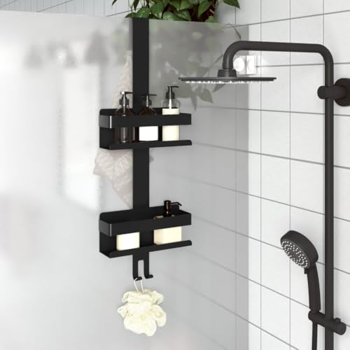 Teenpull Duschcaddy Hängend Mattschwarz, Gebürsteter Edelstahl 304, Praktisches 2-in-1-Design für Badezimmer, Shampoo, Seife, Handtücher, Schwämme, kein Bohren von Teenpull