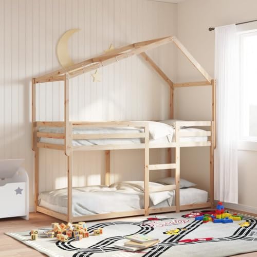 Teenpull Etagenbett aus massivem Kiefernholz, 90x200 cm, unbehandelt, mit Dach, sicheres Jugendbett für Kinderzimmer, platzsparendes Möbelstück von Teenpull