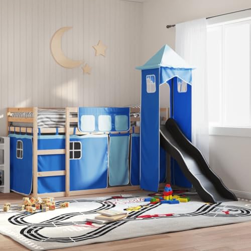 Teenpull Etagenbett mit Rutsche und Gardinen Blau 90x190 cm, Massivholz Kiefer Kinder Hochbett mit Rausfallschutz, Spielturm & Leiter für Jungen & Mädchen Teenpull Etagenbett mit Rutsche und Gardinen Blau 90x190 cm, Massivholz Kiefer Kinder Hochbett mit Rausfallschutz, Spielturm & Leiter für Jungen & Mädchen von Teenpull