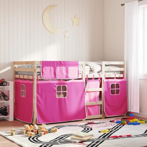 Teenpull Etagenbett mit Vorhängen Rosa, 75x190 cm Kinderbett aus Massivholz Kiefer, stabiles Hochbett für Mädchen mit Absturzsicherung und Leiter von Teenpull