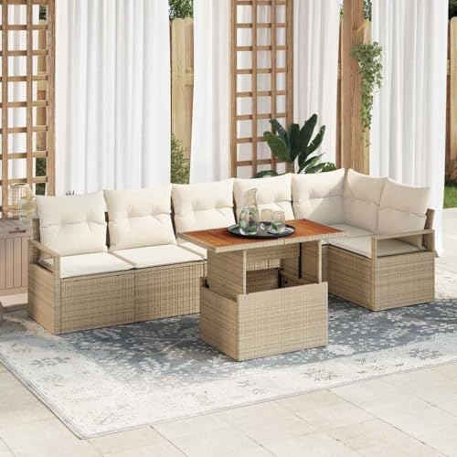 Teenpull Garten Essgruppe, 7-teilig, Beige/Creme Poly-Rattan & Akazienholz, Ecksofa & Mittelteile, Außenbereich, 100x55x73cm, Moderne Terrassen-Sitzgruppe mit Stauraum von Teenpull