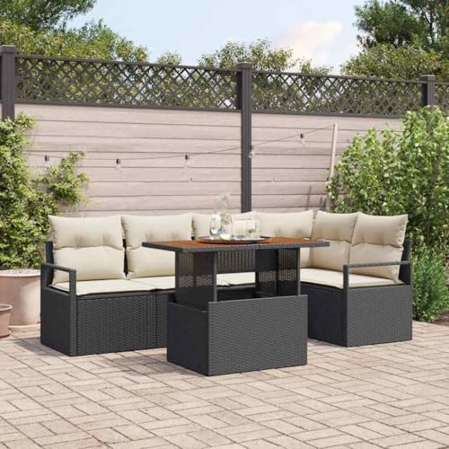 Teenpull Garten Essgruppe 6-teilig, Schwarz-Creme, Poly-Rattan & Akazienholz, Modulares Design für Außenbereiche, Wetterfestes Terrassen-Sofa-Set mit Kissen von Teenpull
