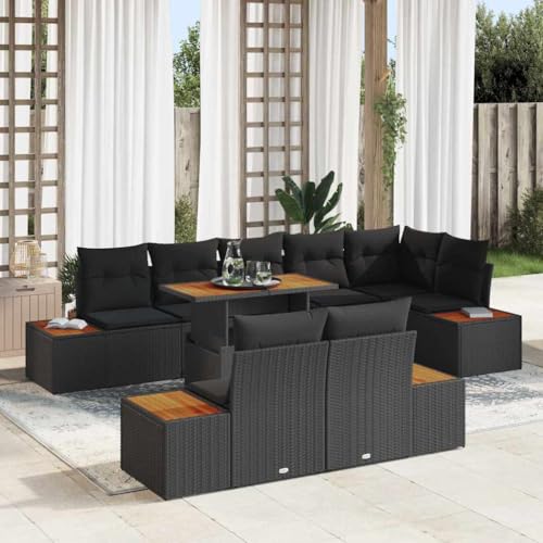 Teenpull Garten Essgruppe 9-teilig, Schwarz und Braun, Poly-Rattan und Akazienholz, 100x55x73cm, Modulares Ecksofa mit Stauraum für Outdoor-Wohnbereiche von Teenpull