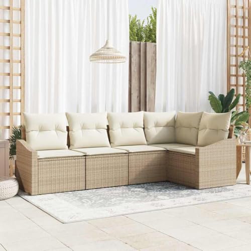 Teenpull Garten Essgruppe mit Kissen, 5-teilig, Beige/Creme, aus Polyrattan, mit Stauraumfächern für Outdoor-Patio, modernes Design für 4 Personen von Teenpull