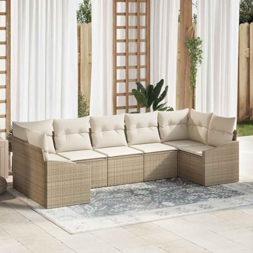 Teenpull Garten Essgruppe mit Kissen, 7-teiliges Outdoor Sofa Set mit Stauraumfächern, Robustes Poly-Rattan & Stahlrahmen, Beige und Creme von Teenpull
