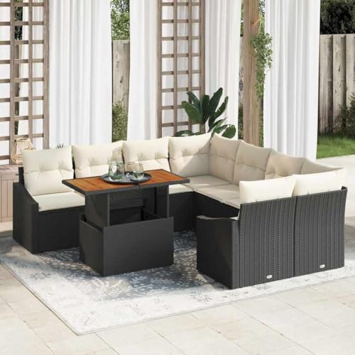 Teenpull Garten Essgruppe mit Kissen Schwarz und Creme, Poly Rattan und Akazienholz, 100 x 55 x 73 cm, Modernes Outdoor Dining Set für 8 Personen von Teenpull
