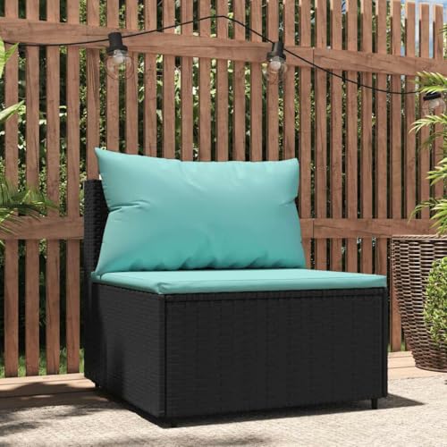 Teenpull Garten-Mittelsofa Schwarz aus robustem PE-Rattan, 63x63x57.5 cm, mit wasserblauen Kissen, modulares Outdoor-Sofa für Patio, Balkon und Garten, Bequeme Lounge-Sitzgelegenheit von Teenpull