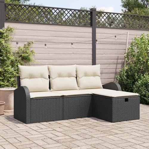 Teenpull Garten Outdoor Sofa Set 4-teilig Schwarz Creme Polyrattan Lounge Ecksofa mit Stauraum, UV-beständig, 179x117x85 cm von Teenpull