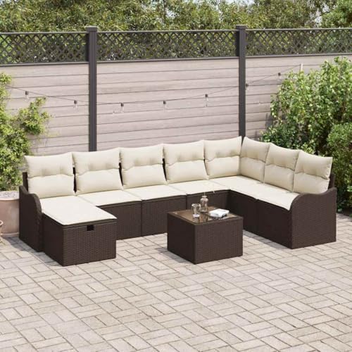 Teenpull Garten-Sofa-Set, 9-teilig, Braun und Creme, 287,5x177,5x85 cm, wetterfestes Poly-Rattan für Outdoor Patio Gärten von Teenpull
