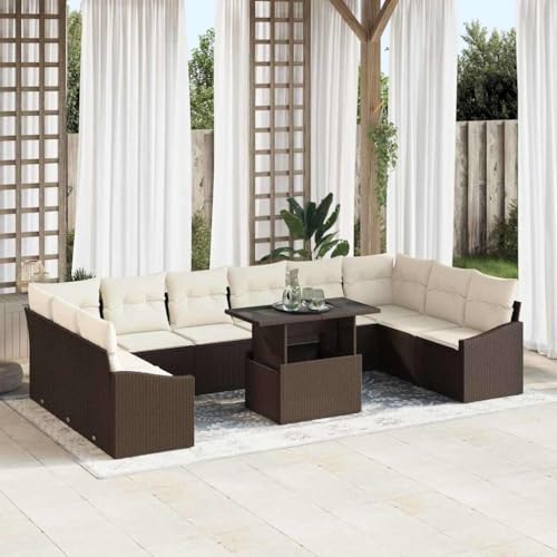 Teenpull Garten-Sofa-Set 11-teilig, Braun-Creme, Poly-Rattan & Stahl, 100x55x73cm, UV-beständig, Außenbereich von Teenpull