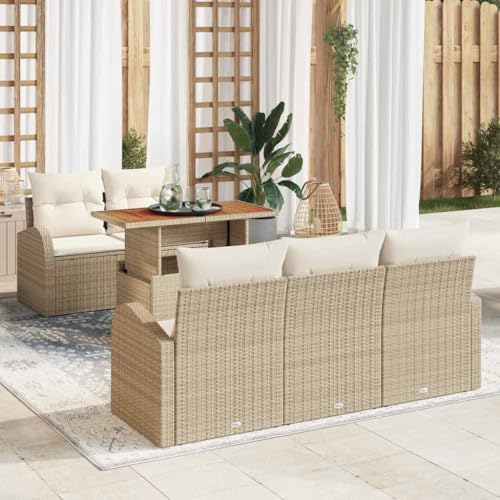 Teenpull Garten-Sofa-Set 6-teilig, Beige/Creme Poly Rattan mit Akazienholzplatte, 100 x 55 x 73 cm für Outdoor-Terrasse und Balkon, Moderne Wohnlandschaft von Teenpull