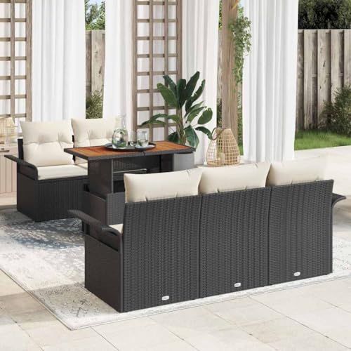 Teenpull Garten Sofa Set 6-teilig, Schwarz & Creme, 100x55x73cm, Robustes Poly Rattan & Akazienholz, UV-beständig, Außenbereich von Teenpull