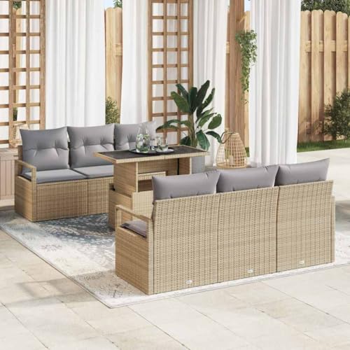 Teenpull Garten Sofa Set 7-teilig Beige Hellgrau, Poly-Rattan Stahl Glas, Modulares Design für Außenbereich, 100x55x73cm von Teenpull
