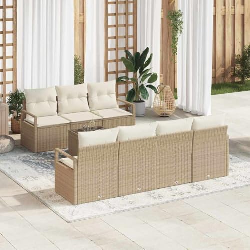 Teenpull Garten-Sofa-Set 8-teilig, Beige/Creme, Poly-Rattan & Stahlrahmen, Modernes Ecksofa für 7 Personen, UV-beständig, 55x55x37 cm Außenbereich von Teenpull