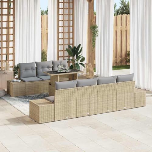 Teenpull Garten-Sofa-Set 8-teilig Beige Hellgrau, modernes Rattan Lounge-Set mit Glastisch für Outdoor-Terrasse, UV-beständiges Sitzmöbel von Teenpull