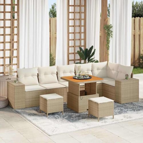 Teenpull Garten-Sofa-Set 9-teilig Beige Creme, wetterfestes Poly-Rattan mit Akazienholz, modulares Design für Outdoor-Sitzgruppen von Teenpull