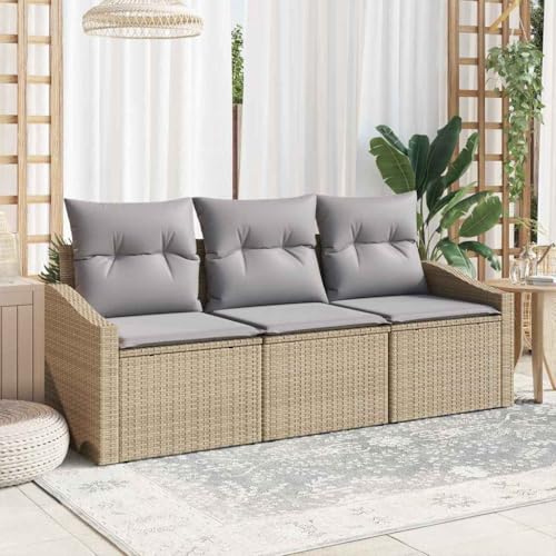 Teenpull Garten-Sofa-Set mit Kissen, 3-teilig, Beige und Hellgrau, modernes Poly-Rattan für Outdoor-Patio, Bequeme Lounge-Sitzgruppe mit Stauraum von Teenpull
