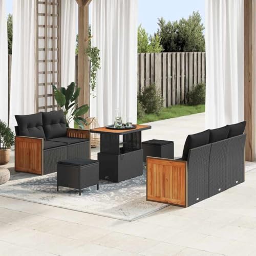 Teenpull Garten-Sofa-Set mit Kissen, 8-teilig Schwarz Poly Rattan, Modulares Outdoor Patio Loungesofa für 5 Personen, Wasserdicht von Teenpull
